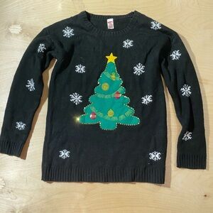 Holiday Time Black Sweater with Festive Tree Design Large (12-14) (JB)